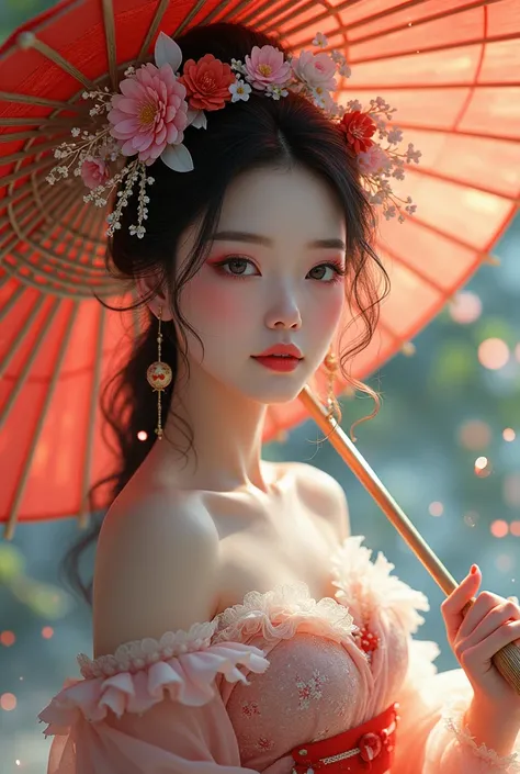  There is a woman wearing a flower crown holding an umbrella , artwork in the style of Gu Weiss, Japanese Goddess,  Beautiful character painting , Gu Weiss, Japanese art style, A beautiful fantasy queen, Onmyoji portrait, Onmyoji, palace ， Girl wearing Han...