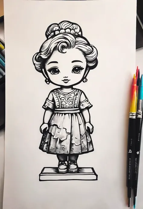 monochrome, black and white, cheap rough sketch style drawn with watercolors, ink painting, and finger painting, fluorescent paint line art, cute chibi character, replica of famous sculpture, Venus statue, fully clothed, various effects, delicate and dynam...