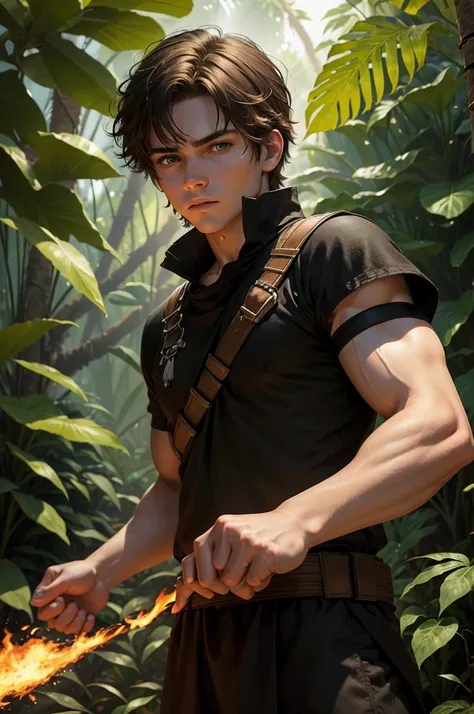 a strong mascular white male with short light brown hair in a black tunic in the jungle in daylight, (fire fist), 20 years old, short sleeve, green eyes, fireballs