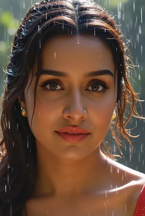 extreme close up, double exposure,beautiful actress "Shraddha Kapoor" in the rain, detailed raindrops running down her face, wet hair, wet clothes stuck to her body, super detailed photography, Play of light in the sun rain, downpour, ((a drop of water fal...