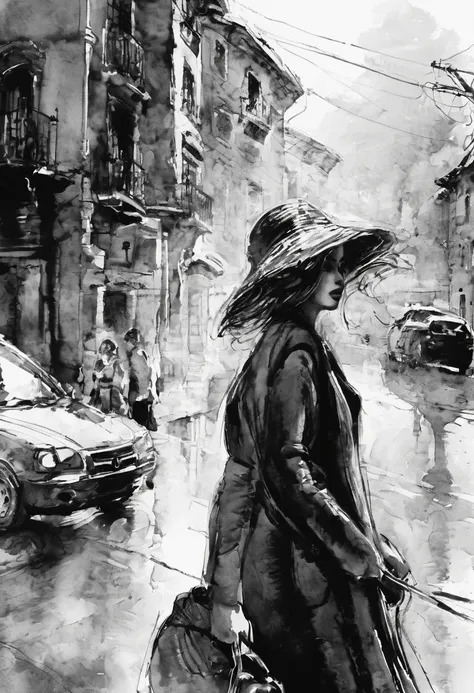 monochrome, black and white, cheap rough sketch style drawn with watercolors, ink painting, and finger painting, fluorescent paint line art, simply beautiful women and scenery, various effects, delicate and dynamic textures, contrasts of light and shadow, ...