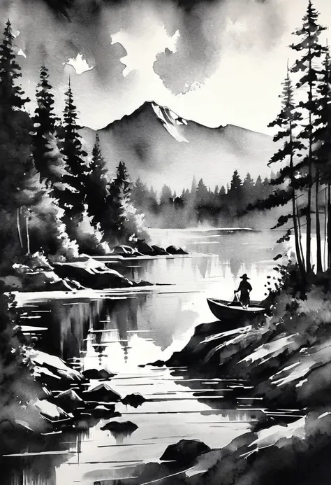 monochrome, black and white, cheap rough sketch style drawn with watercolors, ink painting, and finger painting, fluorescent paint line art, simply beautiful women and scenery, various effects, delicate and dynamic textures, contrasts of light and shadow, ...