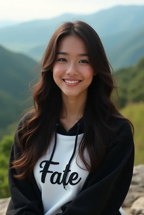 Create an extremely hyper-realistic, 4K HRD A beautiful Filipina woman smile long hair in shiny straightly. Setting in the rock on the cliff of mountains in a beautiful place, greenery is on her background, the girl is wearing a black and white hoodie writ...