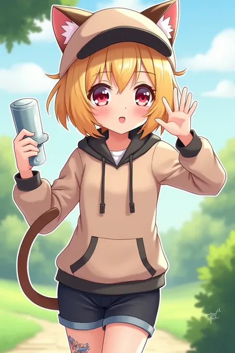 (masterpiece), (Best Quality), (Illustration), (Super detailed), ( high definition),  absurd,  one girl playing pranks, (Kagamine Rin), ( vocaloid), smile,  short hair,  hair clip that invites you with your hand, (Hoodie with cat ears), Parker hat wear, Mo...