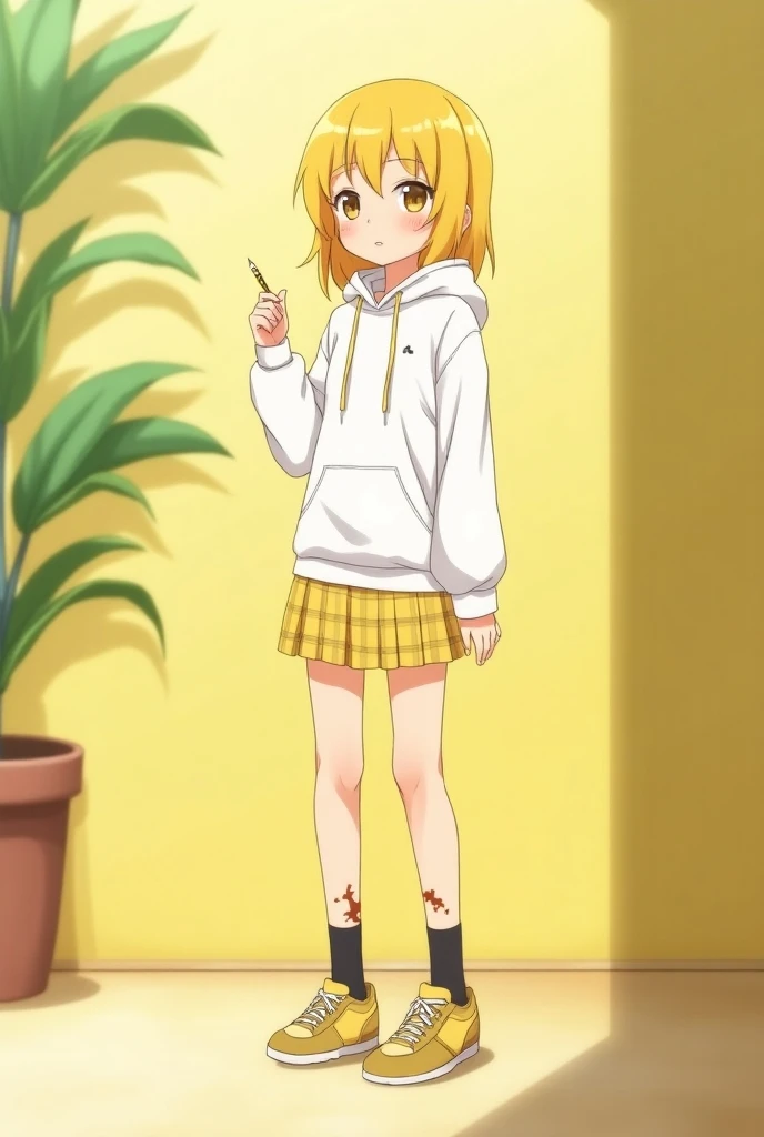  white hoodie with no lettering , and a short yellow checkered skirt, and has a single strand of yellow hair, She has yellow hair, and a dark yellow ribbon, and dark yellow eyes, eyes are small, and is holding a dark yellow pencil in her hand, Short statur...