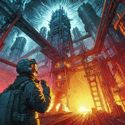 a man in a gas mask standing in a factory with fire end electricity, painting by dan mumford, style of moebius, métal hurlant, p...