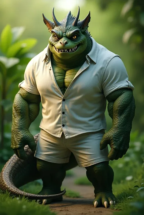 ( best quality,4K,8K, high resolution , masterpiece :1.2), super detailed, actual :1.37,A giant muscular furry dragon orc in a white shirt,  white shorts  ,green dragon scales ,Buttoned shirt , Collared shirt ,Shorts with pockets,Ferocious expression, deep...