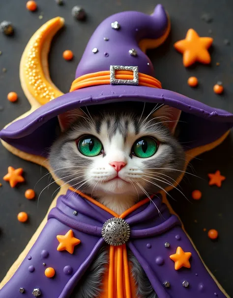 behold a culinary creation of whimsical delight: a halloween icing cookie capturing the essence of a cute witch cat, cloaked in ...