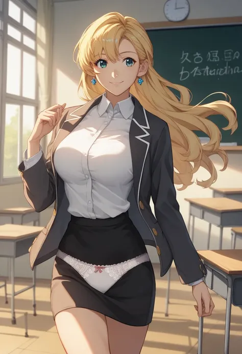 1 girl,  cowboy shot, classroom, smile, (teacher:1.4),  mouth, ellen_baker, green eyes,  blond hair, long hair,  hair scrunchy ,...