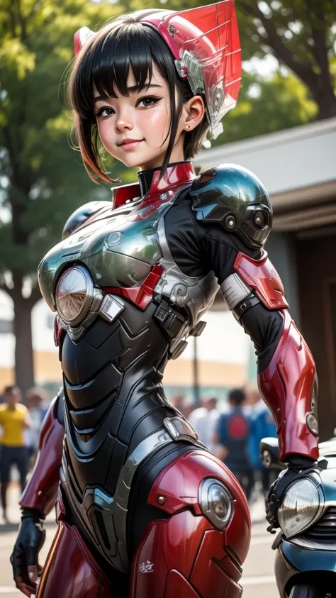 best quality　8k red battle suit girl　  look for an elementary school girl 　sweaty face　 cute smile　 short hair　 boyish　steam com...