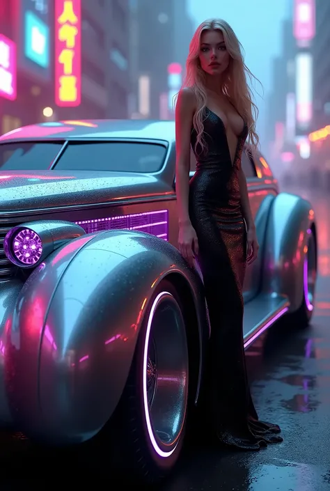 side photo of the car Ford Mercury Stalone Cobra Art Deco hotrod futuristic hightech, as futuristic as possible, limousine, TINTED WINDOWS, reflexo da luz nos TINTED WINDOWS opacos e espelhados, in a hightech cyberpunk city with neon blue and pink, futuris...