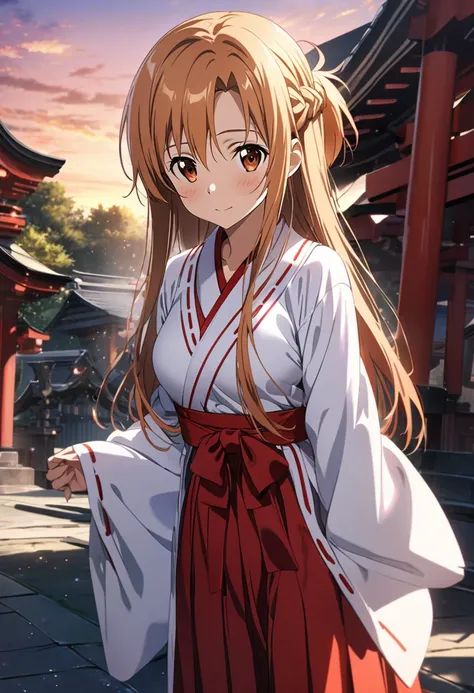 (((anime colored))),((twilight sky)),(teen),1girl, asuna (sao), sword art online,miko,shrine maiden outfit,((wearing japanese white clothes)),((red hakama)),Medium breasts,(beautiful body),(bashful),exposed,shrine,((torii)),masterpiece,super detailed,HD,go...