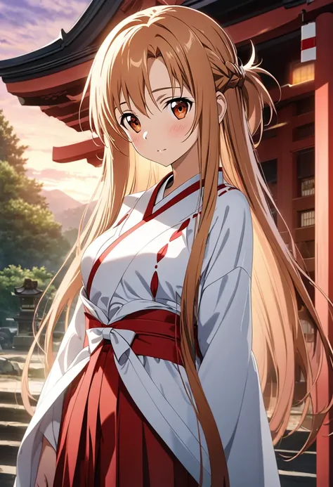 (((anime colored))),((twilight sky)),(teen),1girl, asuna (sao), sword art online,miko,shrine maiden outfit,((wearing japanese white clothes)),((red hakama)),Medium breasts,(beautiful body),(bashful),exposed,shrine,((torii)),masterpiece,super detailed,HD,go...