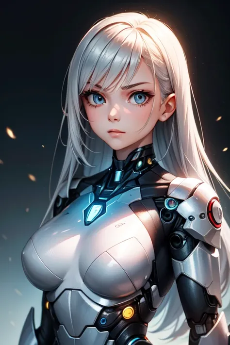 young woman , Futurist Cyborg Warrior , silver metallic suit , upper body , closed fists 