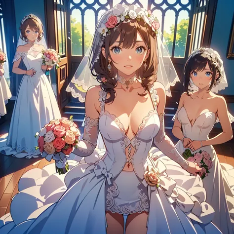 (masterpiece:1.2), (best quality:1.2), (ultra highres:1.2), (8k:1.1),(3girls:1.5),standing ,(( wedding dress、 covering FCKYou 、mini skirt:1.5)),((open clothes:1.5)),