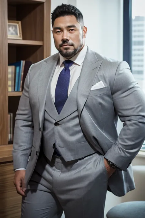 Japanese male, solo, Fat  muscler Japanese man in a white suit, whole body, in the office, Thick legs, Thick arms, Very short grey hair, Very short grey goatee, Grey jacket, Grey trousers, Long trousers, Tight suspension, light purple tie, tight shirt, Hug...