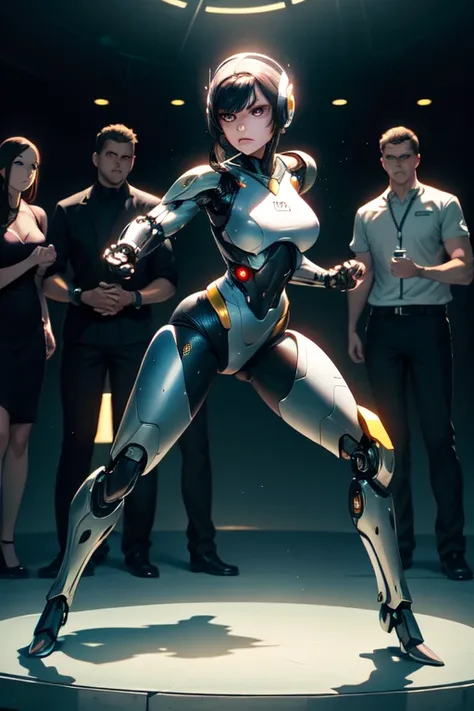 young woman , Futuristic Cyborg , synthetic skin identical to human skin ,  full body  ,  facing the spectator ,  looking at the spectator  , furious look , closed fists 