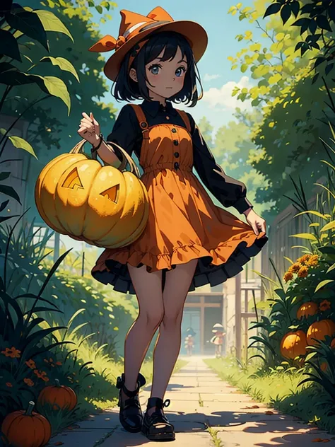  cartoon very young very young wearing a dress and hat holding a pumpkin，  Very short tall  ，&#39;s body shape:1.2， flat chest，Very small ass， thin thighs， very thin limbs， Cute Digital Painting ,  Halloween art style  , cute detailed digital art,   8K Hig...