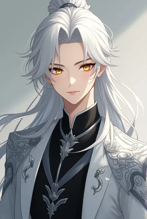 Full body image, handsome  protagonist xianxia,long white hair golden amber eyes ((make eyes like reality)),calm and cool aura,using white and black combination clothes,with  silver pattern on clothes,better quality, masterpiece ultra realistic,24K ultra h...