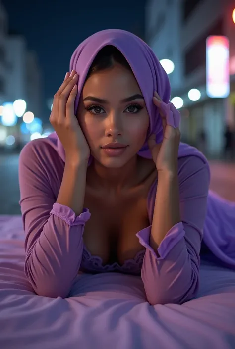 ((Realistic lighting, Best quality, 8K, Masterpiece: 1.3)), Clear focus: 1.2, 1 malay girl, Perfect body beauty: 1.4, Slim abs: 1.1, ((light purple hijab, Big breasts: 1.3)), (Wearing ultra-thin light purple transparent underwear: 1.4, light purple stockin...