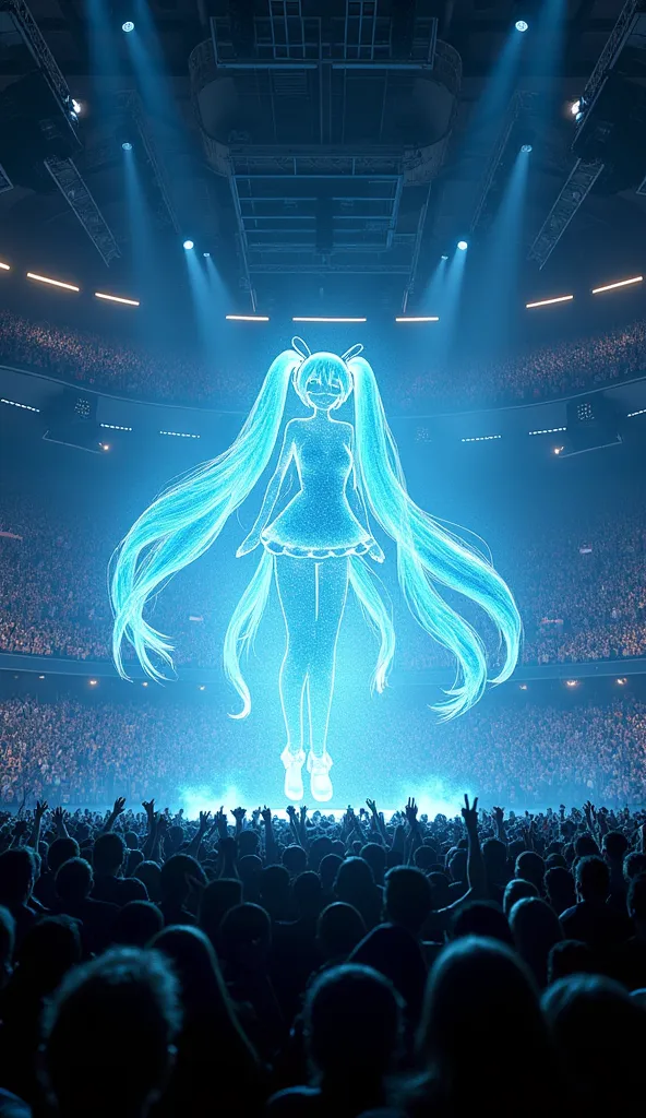 A realistic photography of a crowd enjoying the concert of a virtual idol. The virtual idol is a hologram of an anime character Hatsune Miku, dancing on stage.