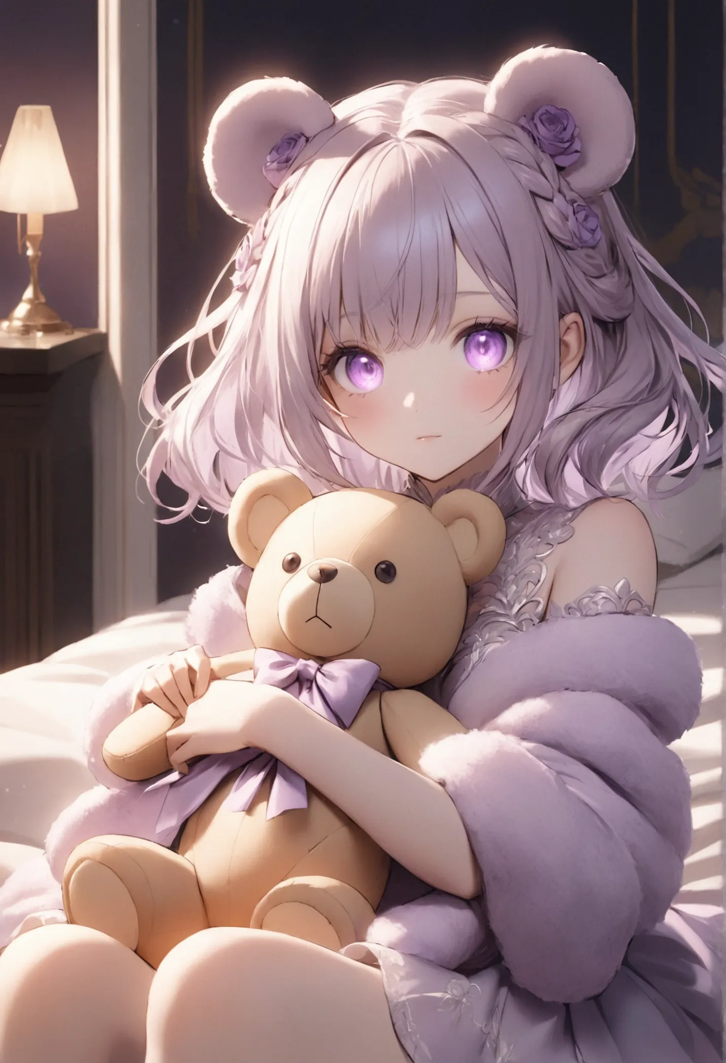 ultra detailed anime girl with purple eyes and teddy bear ears fur:1.2), (8k, best quality), ( face), (masterpiece:1.2), (illust...