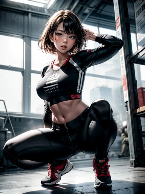 (masuter piece, best quality), 1 woman, dynamic angle, whole body,eyes realistic sizing, drooping eyes, squatting,combat shirts,...