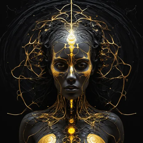 portal of good energy, goddes of death, a black and gold photo of a vgoddes of death body, digital art, generative art, abstract...