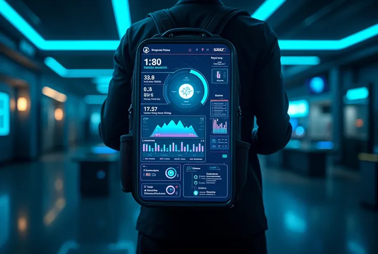 "Design a futuristic, high-tech digital screen interface (UI) with a sleek sci-fi look, specifically as a flat texture for a digital display on a backpack. The interface should include holographic-style icons, data visuals, temperature readings, and AI sys...