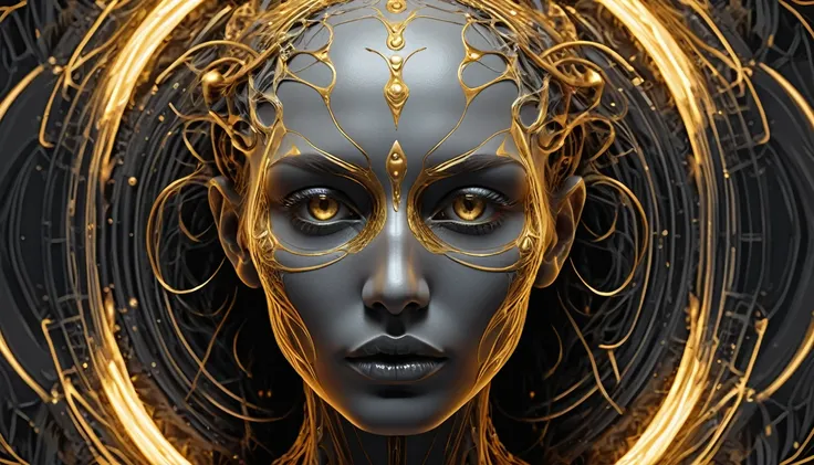 portal of good energy, goddes of death, a gray and gold photo of a goddes of death body, digital art, generative art, abstract p...