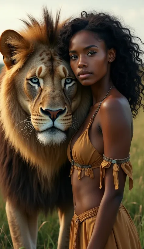 A beautiful blue eye girl black American stand next to lion