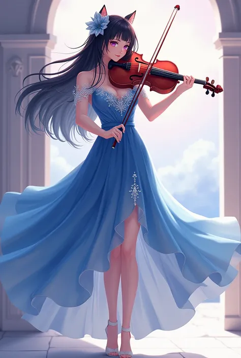 29-year-old anime woman .  With long black hair .  With heterochromia in her eyes  ,  one purple and the other pink . Wearing an elegant blue dress with white touches and white heels. Full body and playing a violin 