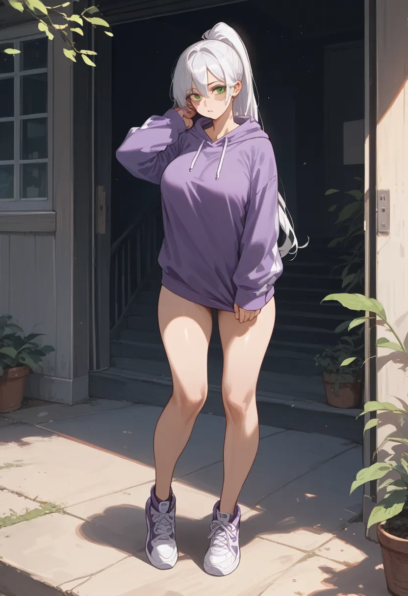 white hair ,  ponytail(by),  green eyes, piel blanca, purple sweatshirt,  big breasts ,  full body .