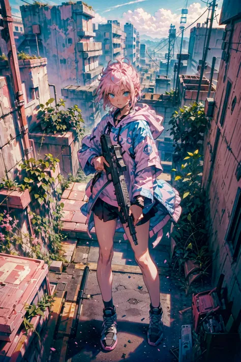 1girl,(((pink short hair,blue eyes))),cool,dark sorceress robe,hoodie,sneakers,hold a rifle, sniper, aiming at viewer,gun
outdoo...