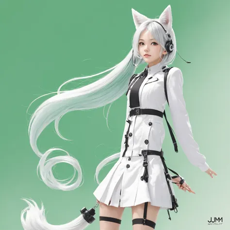 1 girl, animal_ear, gradient, gradient_background, green_background, check_exist_check者, silver-white_hair, jm solo