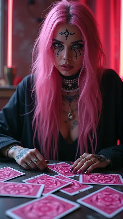 (tattoo cards    ),  realistic digital painting , Cyberpunk 2077 style,     mystical room in the futuristic world    ,   table with modern pink tarot cards    , beautiful woman,   dark makeup  ,     mystical tattoos   ,     mystical pink cyberpunk outfit  ...