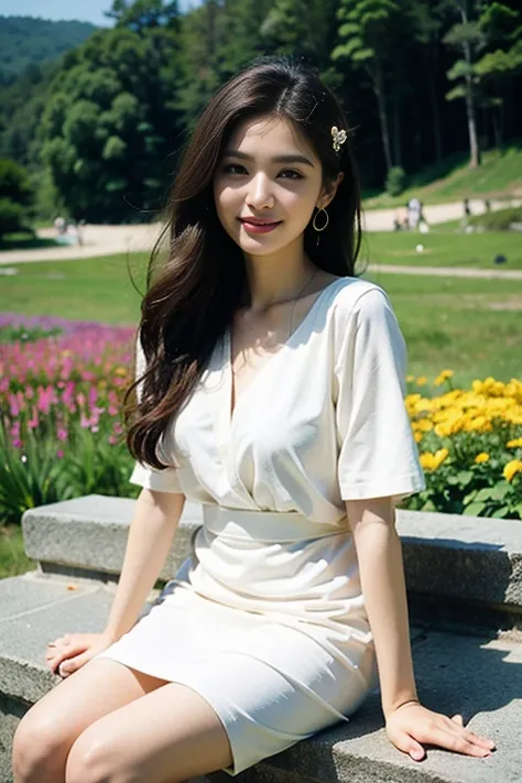 1 girl, hairpins, earrings, jewelry, brown hair, looking at the audience, lips, playful, sitting in front of the drawing board, painting, thighs, whole body, in a sea of flowers or on the beach, she is wearing a white long dress, slightly sideways face, ha...