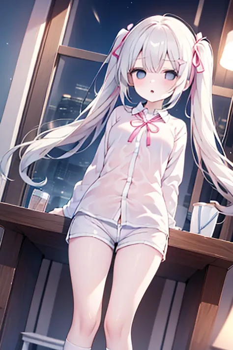 hypnotic eyes、 long white hair twin tails 、large long sleeve shirt、 shorts、the white underwear is transparent。white socks、night、...