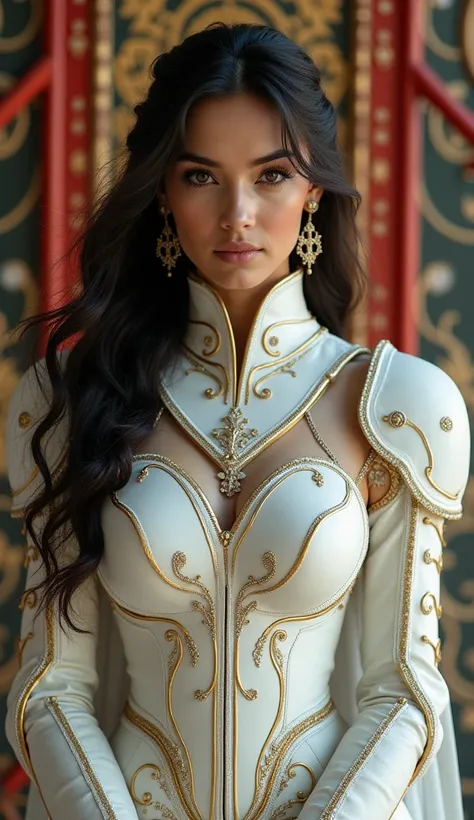 Front_view, waist shot, Masterpiece, Best quality, Realistic, Raw photo, (1 girl, Supermodel, looking at Viewer), Long hair, White armor, Intricate armor, Delicate gold and black line pattern, Intricate pattern, Red metal parts, Detail part, Dynamic pose, ...