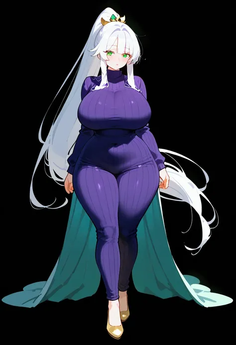  white hair ,  ponytail(by),  green eyes, piel Blanca,  purple sweatshirt with vertical lines,  big breasts ,  full body ,  large hips, Look sweet and tender .