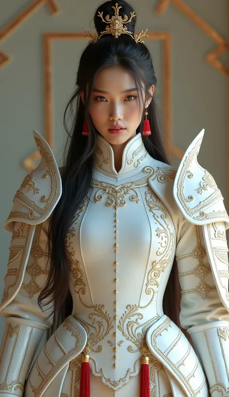 Front_view, Masterpiece, Best quality, Realistic, Raw photo, (1 girl, Supermodel, looking at Viewer), Long hair, White armor, Intricate armor, Delicate gold and black line pattern, Intricate pattern, Red metal parts, Detail part, Dynamic pose, Detailed bac...