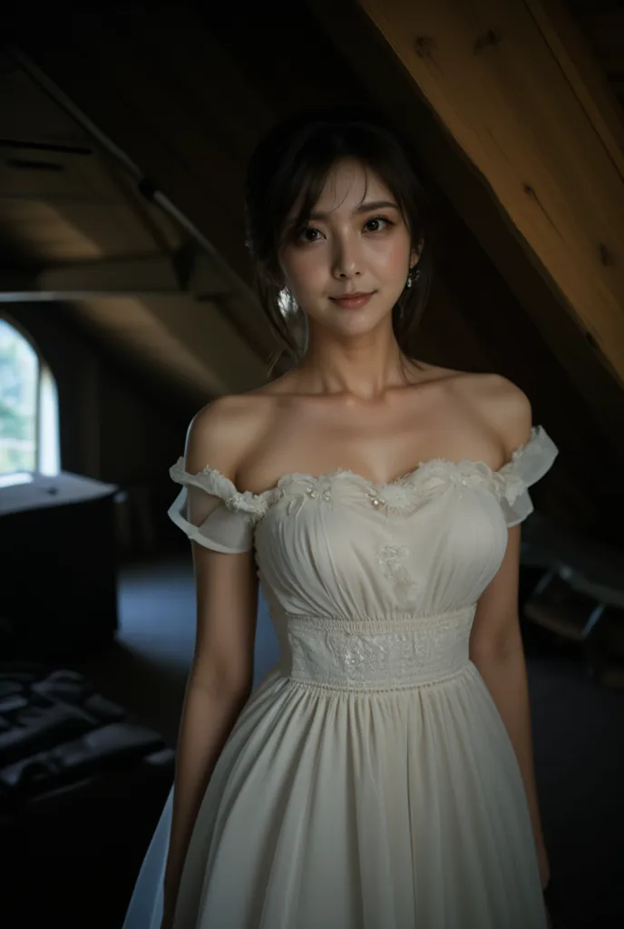 26 year old asian  woman, hd, realistic, soft features, hard lines, shadow,, black eyes, dark energy,  wearing a white victorian...