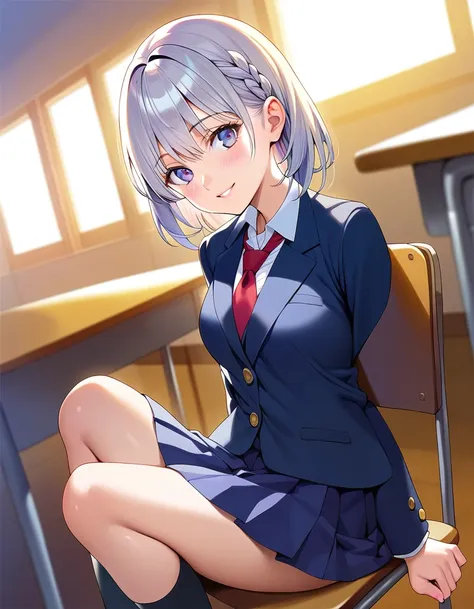 ，Viewer discretion advised，you, score_9, score_8_up, score_7_up,sauce_Anime, 1 girl, school uniform ,blazer,lOng sleeves, with collar_shirt,tie,pleined skirt,socks, loafers,smile,cowboy_shot, staring _in_ viewers,classroom, at dawn_On_chair,,Monster, sex,M...