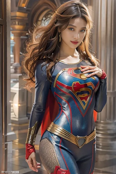 Best Quality, Realistic, photoRealistic,  1 portrait at the time of winning the award, ( intricate detail: 1.2), (Subtle details), ( intricate detail), (Cinematic Light),  1 Mature Woman , Well-groomed super medium hair ,  Supergirl,  bouncy breasts so big...