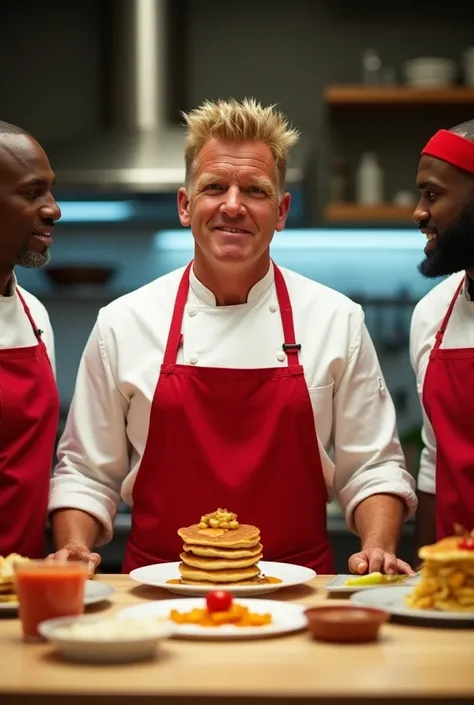 A reaction shot featuring Gordon Ramsay standing in the middle of Michael Jordan and LeBron James, tasting both their dishes with a look of intense concentration.Michael Jordans Dish is a Batch of Pancakes, Lebrons dich is a tasty smoothie. Michael and LeB...