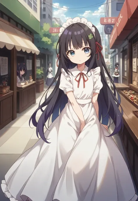 ( surreal), (8k), ( very detailed), (  best illustration  ), cafe。 maid clothes。.flat chest。。shoulder-length hair。black hair。 la...