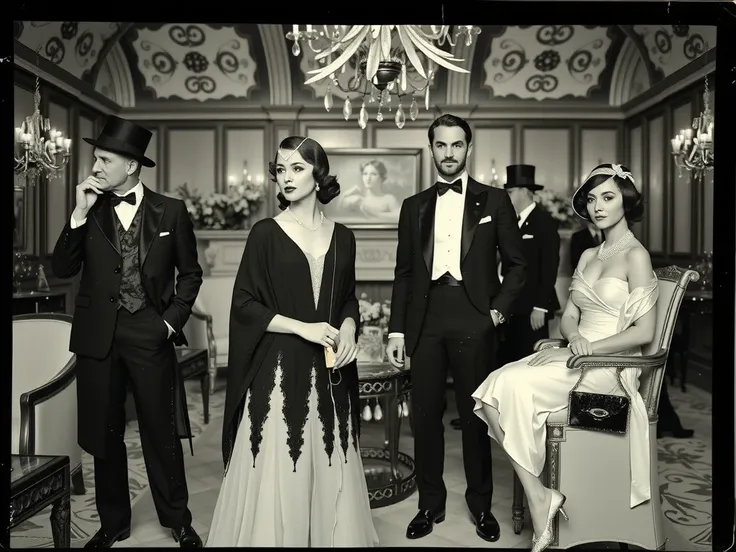 image type: RAW photo, monochrome, low quality, film grain
setting: fancy  in a luxurious mansion
time period: 1920s
style: art deco
subjects: men and women dressed to the nines in 1920s attire with 1920s hairstyles, (photo ruined, scratched and torn by ti...