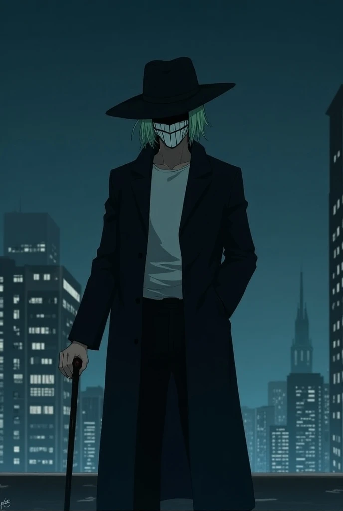 Hes a man with light green hair down one-on-one in Garma, and the , Im wearing a long black fedora .  The white mask has a straight horizontal line drawn on it, giving it a mysterious feeling. .  His costume is wearing a black long coat under a white t-shi...