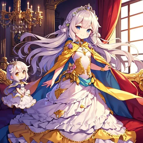 kawaii, best quality, rococo style,(long train pastel yellow cape:1.15), very long cape,(long train white ball gown with flower decorations:1.1), a girl is wearing a cape over her gown, 1 little princess, tiara, smile, very long hair, small breasts, lookin...