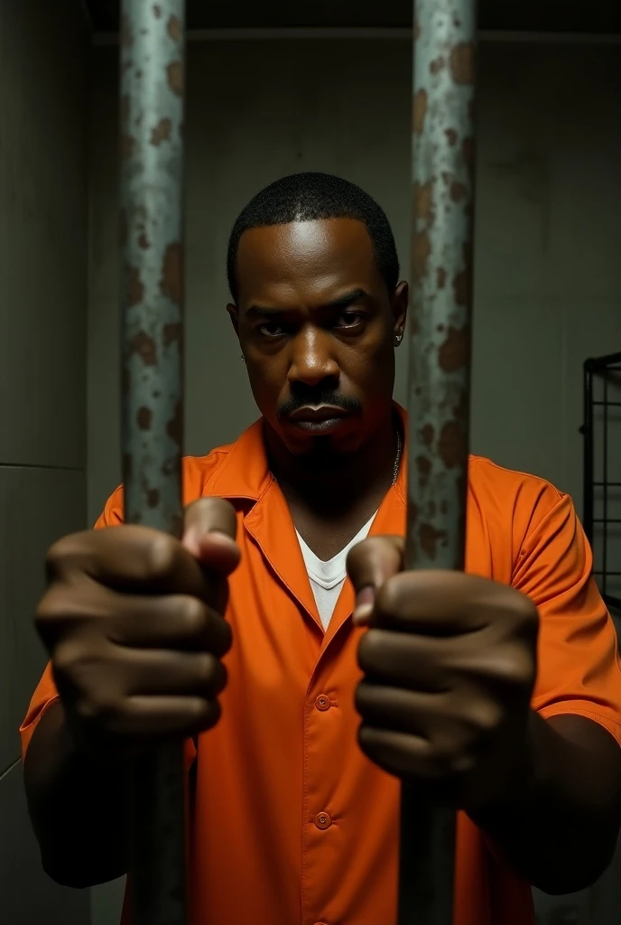 P. Diddy behind bars in orange jail uniform holding cell bars